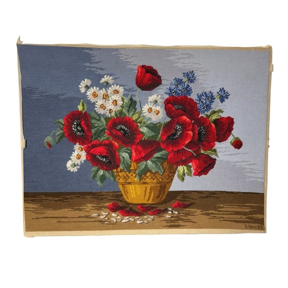 Vintage Large Needlepoint, Gobelin by Wiehler Poppies and Wild Flowers Unframed - Picture 1 of 10